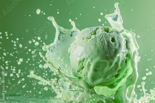An isolated scoop of green ice cream seemingly defying gravity, accompanied by a visually stunning frozen splash. © Faisu