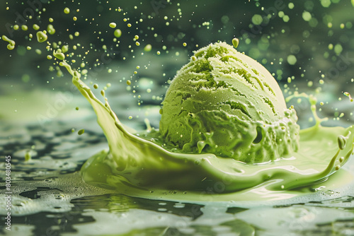 An isolated scoop of green ice cream seemingly levitating, with a captivating splash frozen in motion. © Faisu
