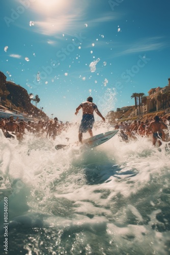 A man is skillfully riding a wave on a surfboard. He is balancing on top of the board while being propelled by the force of the ocean. Surrounding him are cheering surfing enthusiasts on the shore