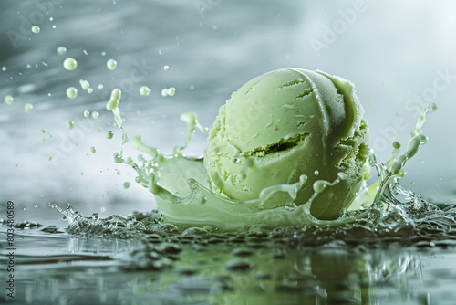 An isolated scoop of green ice cream seemingly levitating, with a captivating splash frozen in motion. © Faisu