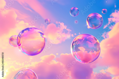 Abstract beautiful transparent soap bubbles floating on sunset background, romantic outdoor park backgrounds.