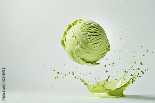An isolated scoop of green ice cream floating effortlessly above a white background, leaving a trail of splashes. © Faisu