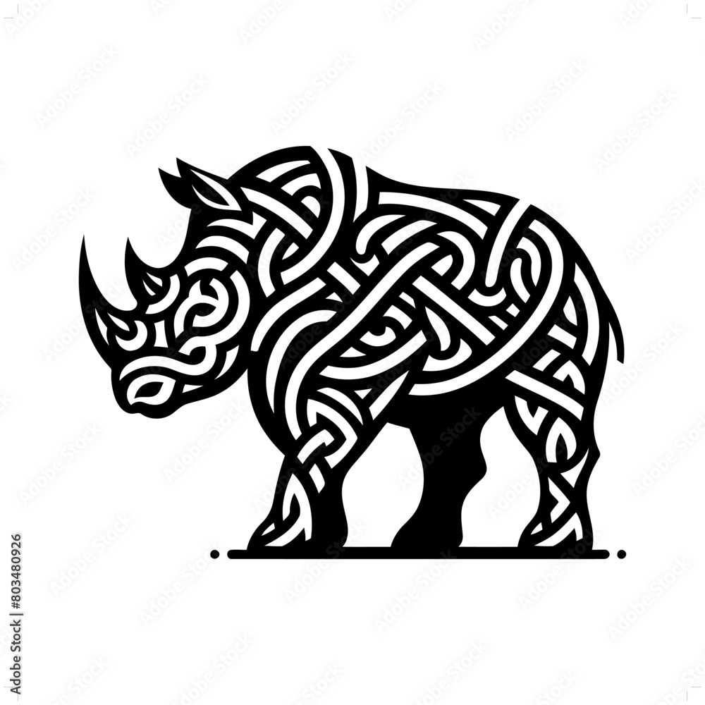 Rhinoceros silhouette in animal celtic knot, irish, nordic illustration