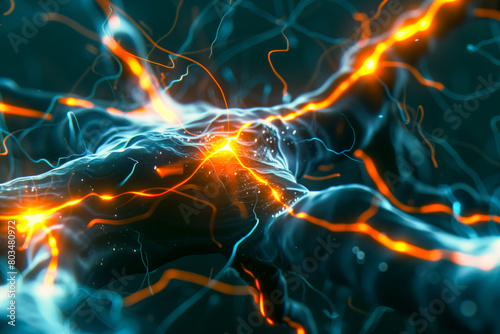 Abstract close up neurons cells presentation. Synapses and axones transmitting electrical signals. concept of electrical signal transport, neural system, AI photo