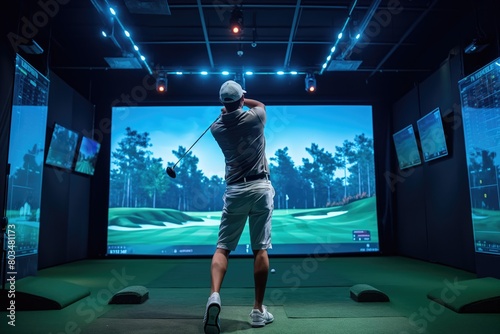 Golfer playing golf in indoor simulator Mixed media. golf simulator