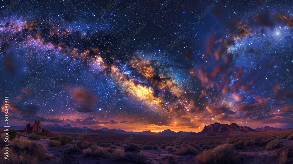 An enchanting starscape of the galaxy stretches infinitely above desert sands and iconic rock formations, merging earthly landscapes with cosmic splendor