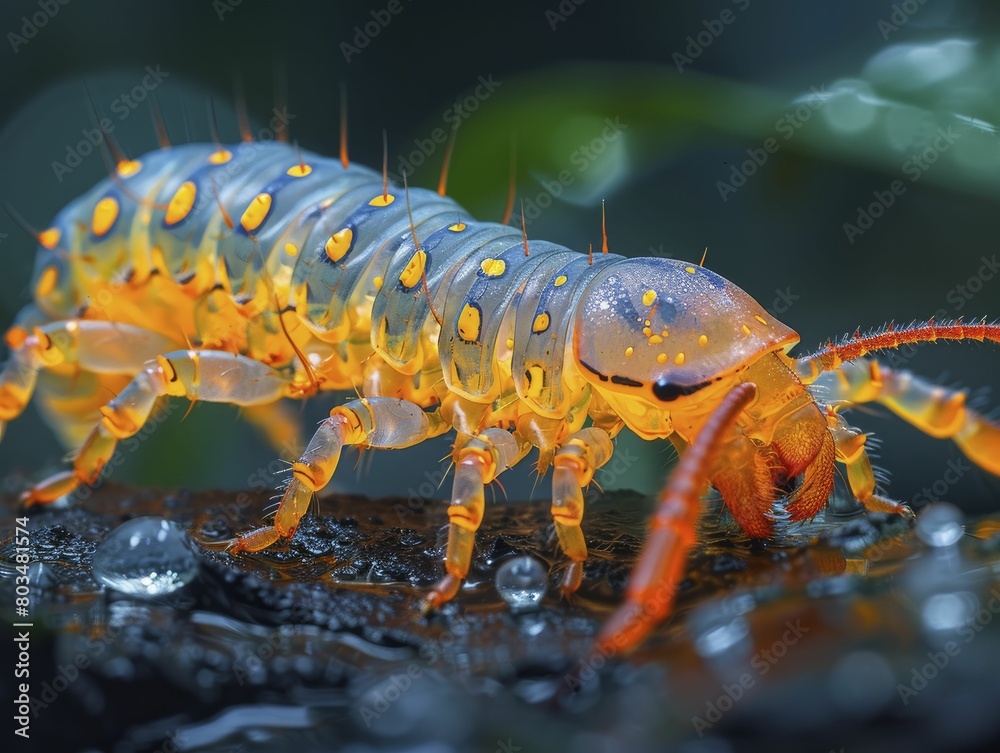 Hyperreal images of a centipede hunting at night, macro photography using low light, suitable for night vision technology. Hyperreal images of a centipede hunting at night, macro photography using low light, suitable for night vision technology.