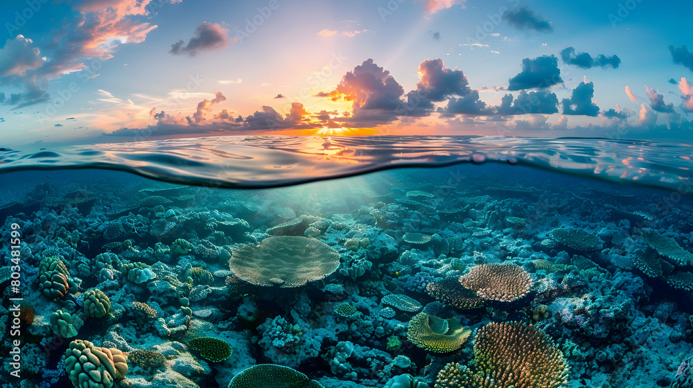 Naklejka premium A panoramic view of a barrier reef at sunset, with the warm hues of the sky reflecting off the calm surface of the ocean