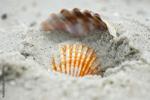 An up-close shot of a seashell partially buried in the sand on Heart Island's beach.