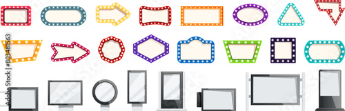 Signboard lights promotion icons set cartoon vector. Neon public. Screen electric