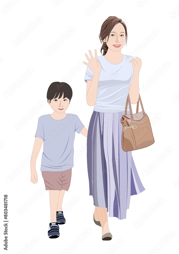 歩く母と子イラスト