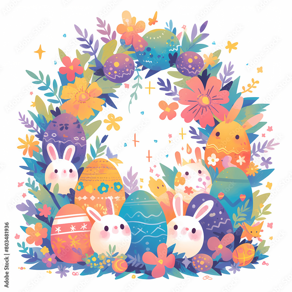 A joyful Easter scene featuring a collection of pastel bunnies adorning festive eggs, surrounded by blooming flowers and twinkling stars. Perfect for Easter decorations or springtime celebrations.