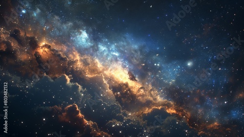 A close-up, dramatic view of cosmic clouds and stars forming the shape and colors of a distant galaxy photo