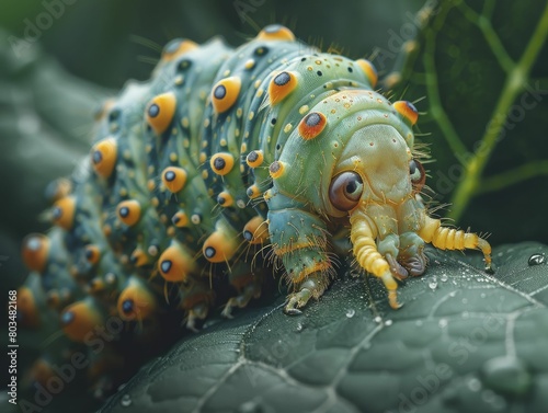 Hyperreal images of a silkworm on mulberry leaf, detailed macro photo, suitable for silk fabric manufacturers. photo