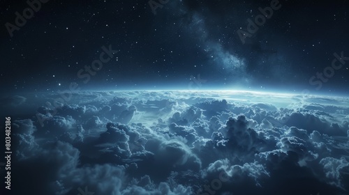 An enchanting and peaceful night sky with countless stars twinkling above serene, icy clouds