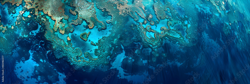 A panoramic view of a continental shelf from above, showing the gradation of ocean colors from turquoise to deep blue A panoramic view of a continental shelf from above, showing the gradation of ocean colors from turquoise to deep blue