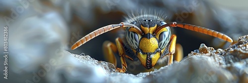 Hyperreal images of a wasp inspecting its nest, close up macro photography, suitable for home security and surveillance systems.