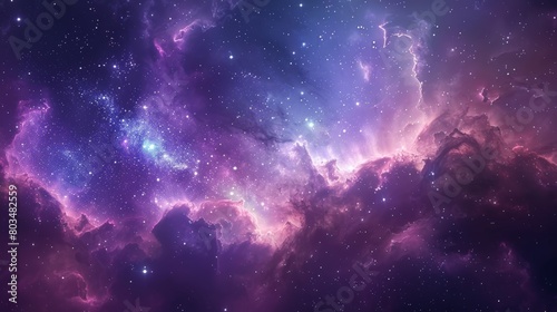 A captivating image of a majestic purple nebula  lit by the glow of countless stars in its folds