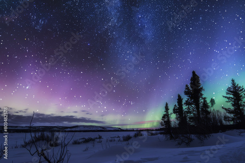 An image combining the ethereal beauty of the Aurora Borealis with a clear, starry sky - Generative AI