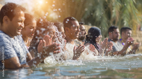 People being baptized in Jordan River in Israel in Baptist ceremony photo