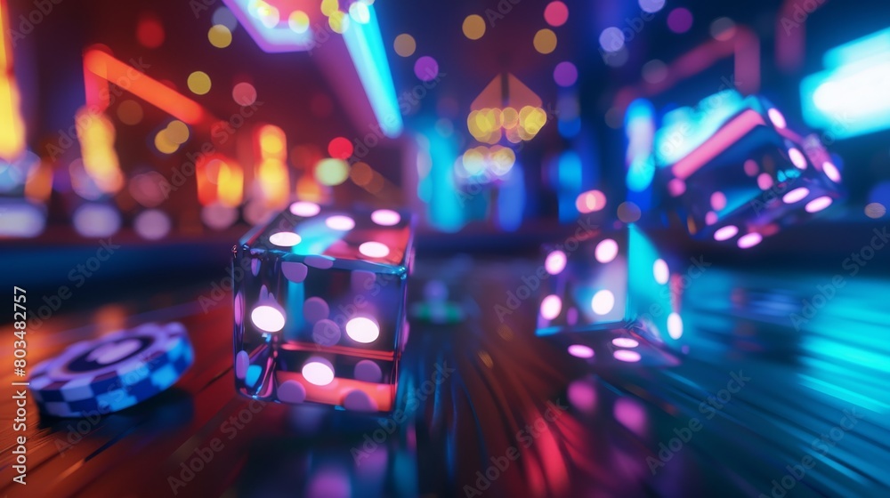 Eye-catching transparent dice reflecting neon lights and colors, illustrating nightlife and gaming excitement Eye-catching transparent dice reflecting neon lights and colors, illustrating nightlife and gaming excitement