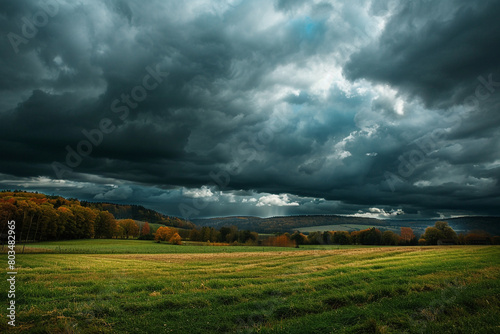 Dark storm clouds brewing above a serene countryside landscape.