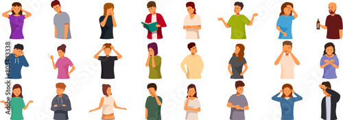 Feeling overwhelmed icons set cartoon vector. Anxiety depressed. Female problem