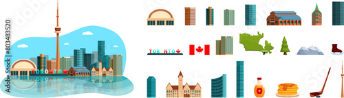 Toronto icons set cartoon vector. Skyline street. Downtown travel