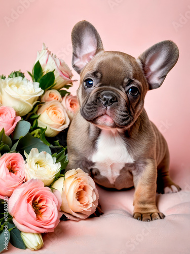 Cute french bulldog puppy sitting among delicate flowers, greetings present