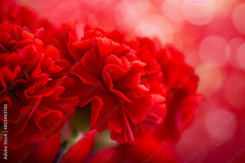 Bouquet of red flowers carnation for use as nature background, red carnation close up texture background, for Mother's Day, wedding, feminine red backgrounds