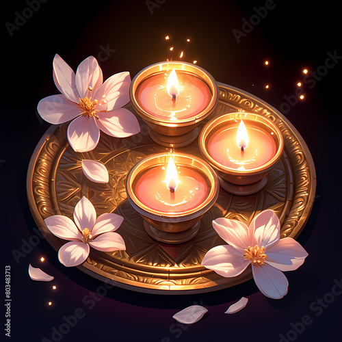 A Traditional Aesthetic for Festive Celebrations - Illustration of Three Lit Candles Surrounded by Beautiful Flowers for the Tamil New Year photo