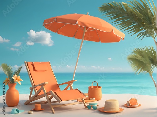  Orange beach chair with summer accessories on turquoise blue background design 3D Rendering  3D Illustration 