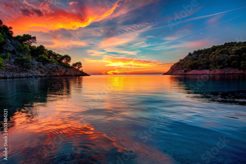 A breathtaking sunset at Cala Salada  focusing on the vibrant colors in the sky and their reflection on the water s surface - Generative AI