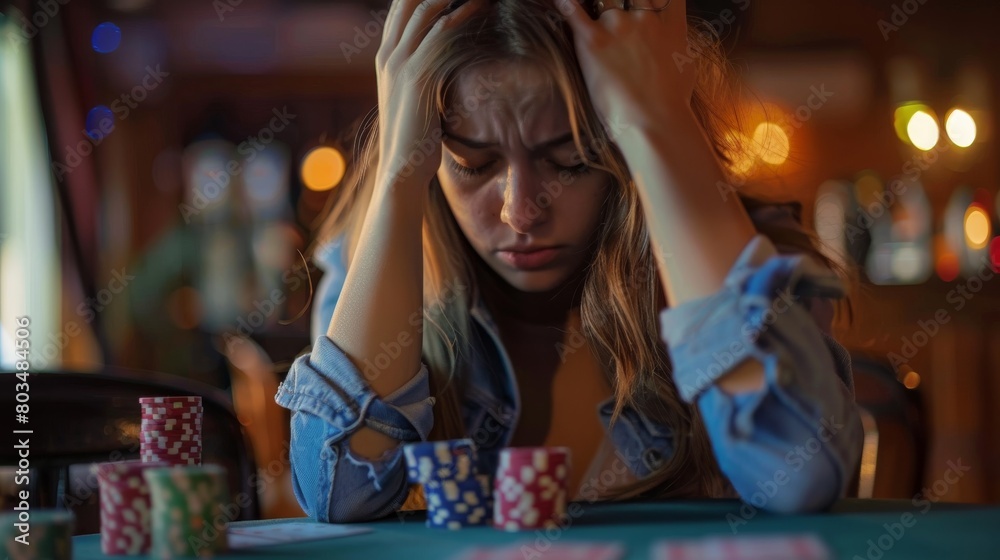 A stressed young woman clutches her head amid poker chips, reflecting the high stakes of gambling