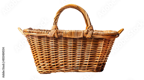 A woven wicker picnic basket with a handle on a transparent background. PNG format, This PNG file, with an isolated cutout object on a transparent background. 