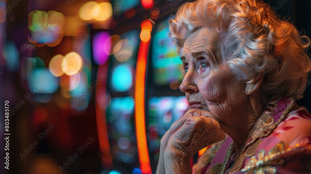 Obraz premium An elegant elderly lady captivated by the colorful slot machine in a lively casino setting