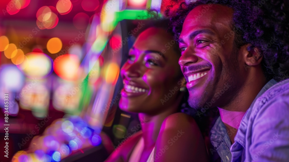 Two joyful individuals enjoy a night at the casino with bright lights behind