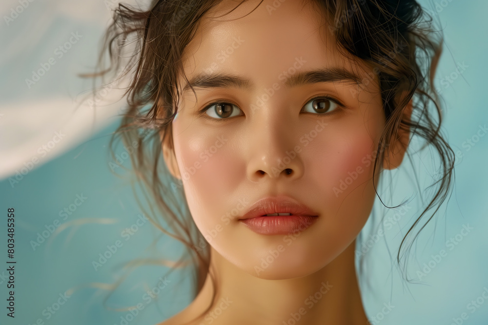 Cropped beautiful female Asian beauty care models face front close up. Calm relaxed young Korean woman with soft clean perfect skin looking at camera. Cropped beautiful female Asian beauty care models face front close up. Calm relaxed young Korean woman with soft clean perfect skin looking at camera.