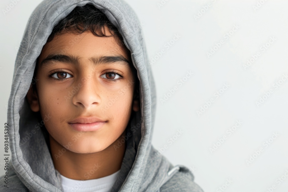 Close-up portrait of a young boy with serious expression wearing a hoodie Close-up portrait of a young boy with serious expression wearing a hoodie