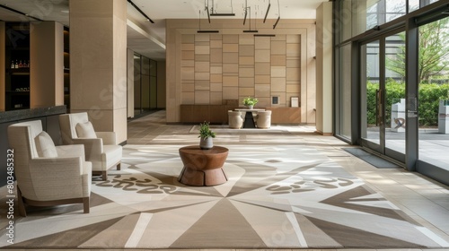 Spacious Contemporary Lobby with Neutral Geometric Rug AI Generated