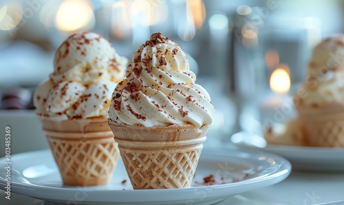 Gourmet ice cream tasting, elegant table setting, soft focus, sophisticated and refined photo