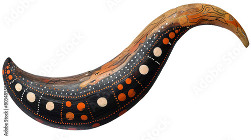 An Aboriginal Australian boomerang with dot paintings on a transparent background. PNG format, This PNG file, with an isolated cutout object on a transparent background. 