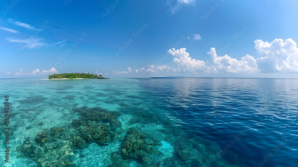 A panoramic view of an atoll chain stretching into the horizon under clear blue skies, captured from an elevated vantage point to emphasize the vastness A panoramic view of an atoll chain stretching into the horizon under clear blue skies, captured from an elevated vantage point to emphasize the vastness