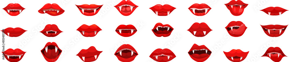 Vampire mouth icons set cartoon vector. Woman lips. Open saliva Vampire mouth icons set cartoon vector. Woman lips. Open saliva