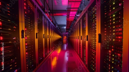 a long hallway with rows of red and yellow servers in it