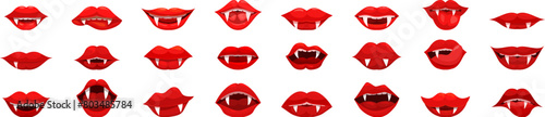 Vampire mouth icons set cartoon vector. Woman lips. Open saliva