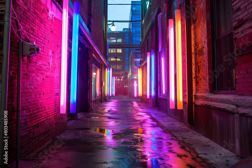 Neon tube installations lighting up an urban alleyway, adding a touch of color to the surroundings.