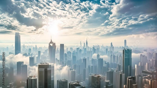 This photo captures a bustling cityscape with towering skyscrapers surrounded by clouds, Stunning city skyline with skyscrapers bounding in architectural diversity photo