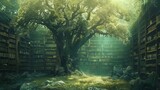 a tree in a library filled with books