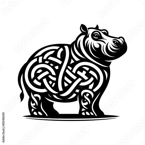 Hippo silhouette in animal celtic knot, irish, nordic illustration
